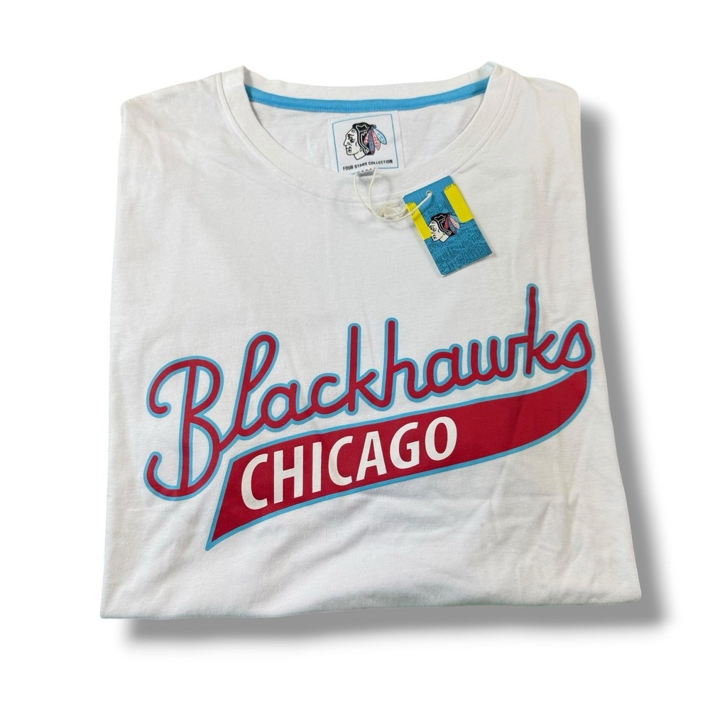 NWT Chicago Blackhawks NHL Four Stars Collection White/Blue Spellout Tee Sz XL